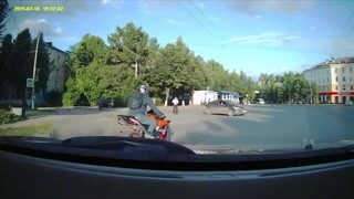 Hit and run by motorcyclist.